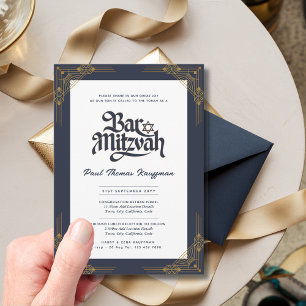 Elegant BAR MITZVAH Quality Navy Gold Modern Invitation