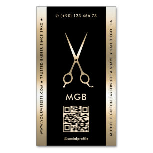 Elegant Barber Barbershop Black Gold Scissors Magnetic Business Card