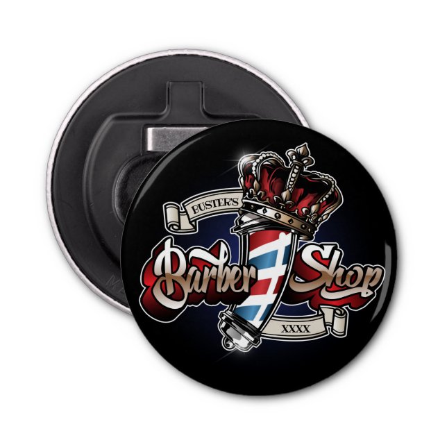 Elegant Barber Pole and Crown Logo Personalise Bottle Opener (Front)