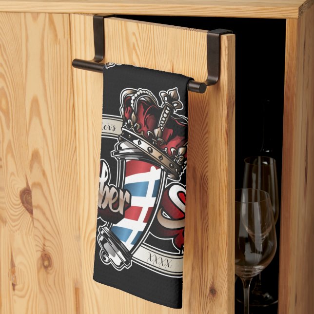 Elegant Barber Pole and Crown Personalise Tea Towel (Thirds Fold)