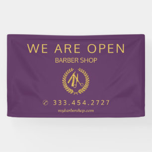 Elegant barber shop men hair salon purple gold banner