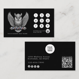Elegant Barber Shop Silver Owl Logo Hair Stylist Loyalty Card