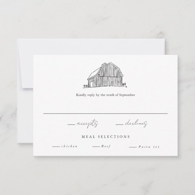 Elegant Barn Black and White Rustic Wedding RSVP Card (Front)