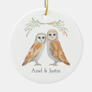 Elegant Barn Owl Couple Custom Name Christmas Gift Ceramic Tree Decoration