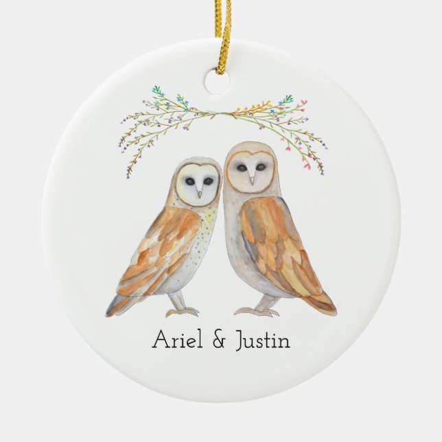 Elegant Barn Owl Couple Custom Name Christmas Gift Ceramic Tree Decoration (Front)