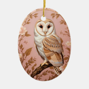 Elegant Barn Owl Pink and Gold Floral Ceramic Tree Decoration