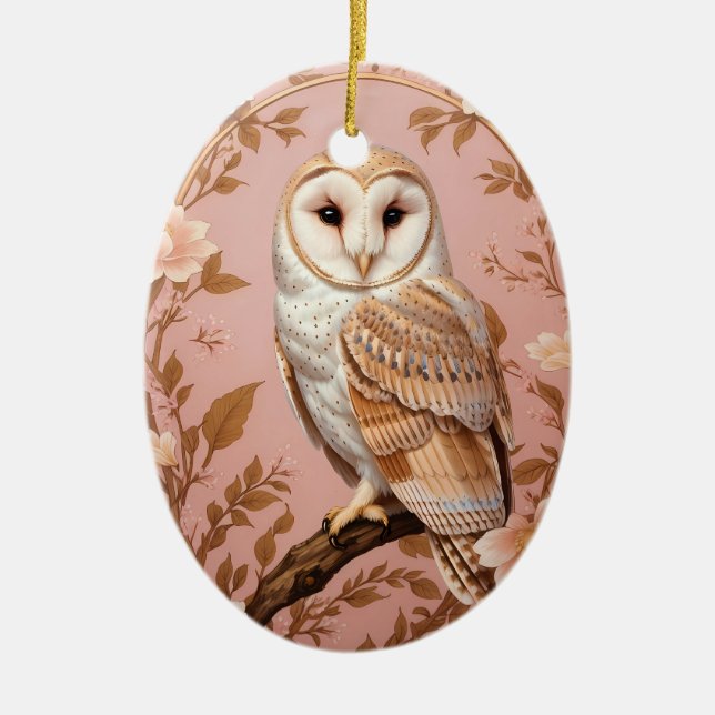 Elegant Barn Owl Pink and Gold Floral  Ceramic Tree Decoration (Front)