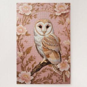 Elegant Barn Owl Pink and Gold Floral Jigsaw Puzzle