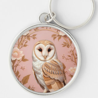 Elegant Barn Owl Pink and Gold Floral  Key Ring