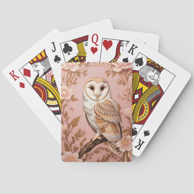 Elegant Barn Owl Pink and Gold Floral  Playing Cards (Back)