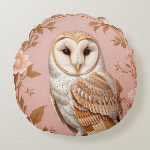Elegant Barn Owl Pink and Gold Floral Round Cushion
