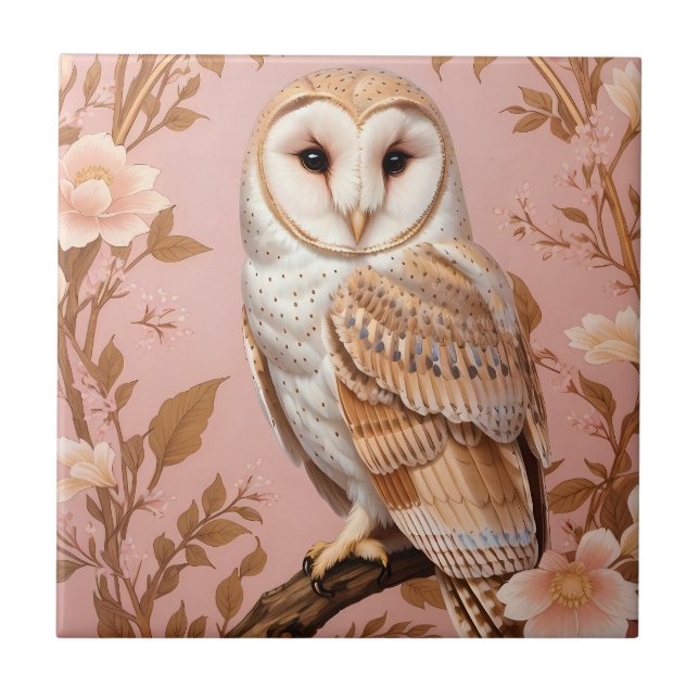 Elegant Barn Owl Pink and Gold Floral  Tile (Front)