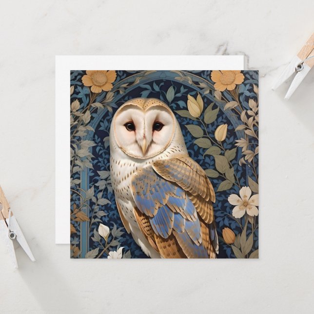 Elegant Barn Owl William Morris Inspired Floral (Front/Back In Situ)