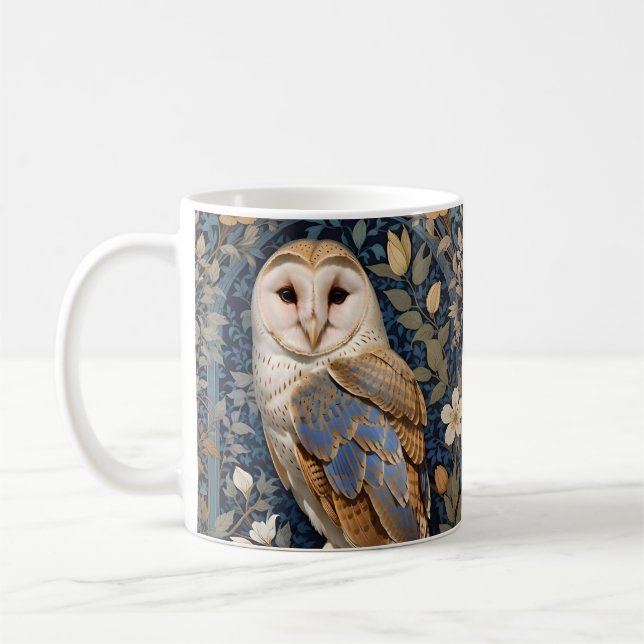 Elegant Barn Owl William Morris Inspired Floral Coffee Mug (Left)