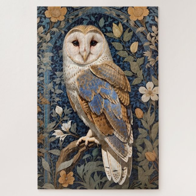 Elegant Barn Owl William Morris Inspired Floral Jigsaw Puzzle (Vertical)