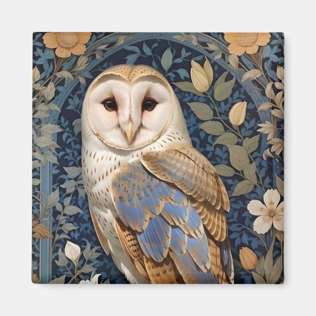 Elegant Barn Owl William Morris Inspired Floral Magnet (Front)