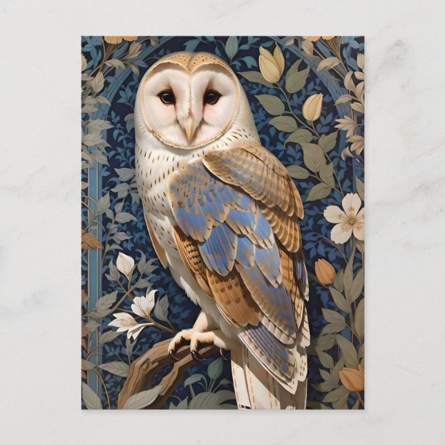 Elegant Barn Owl William Morris Inspired Floral Postcard (Front)