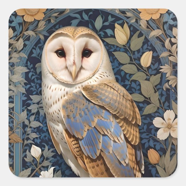 Elegant Barn Owl William Morris Inspired Floral Square Sticker (Front)