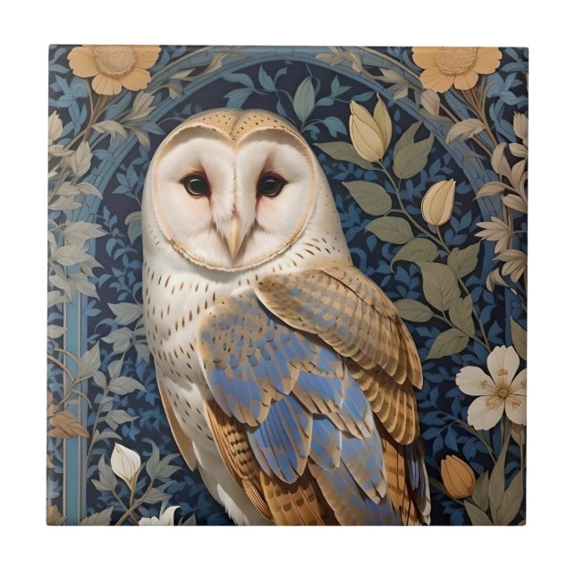 Elegant Barn Owl William Morris Inspired Floral Tile (Front)