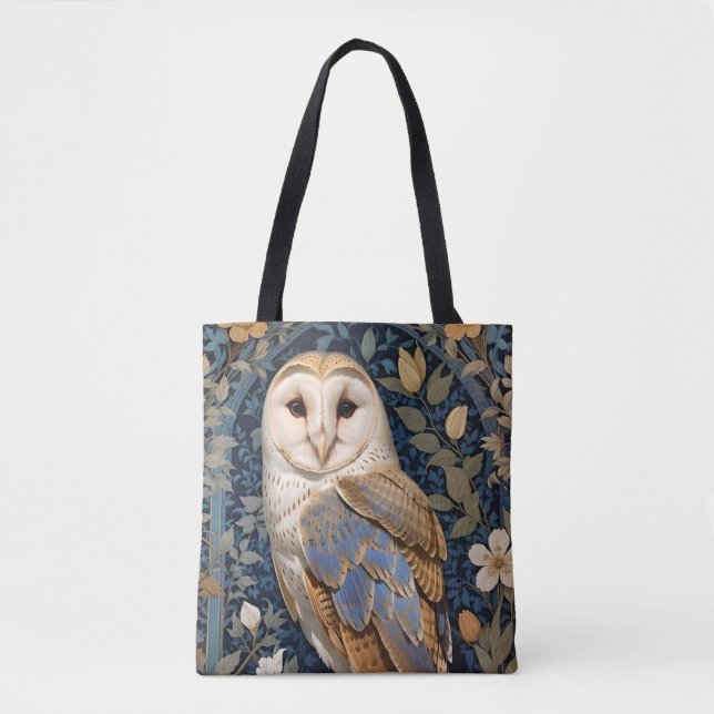 Elegant Barn Owl William Morris Inspired Floral Tote Bag (Front)