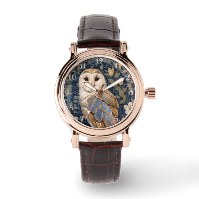 Elegant Barn Owl William Morris Inspired Floral Watch (Front)