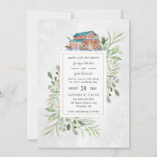Elegant Barn   Watercolor Wedding Invitation