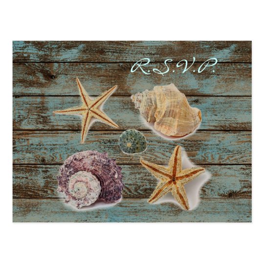 elegant barnwood seashells beach wedding rsvp postcard