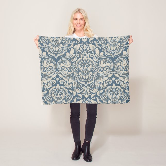 Elegant Baroque Blue Damask Brocade on White Fleece Blanket (In Situ)