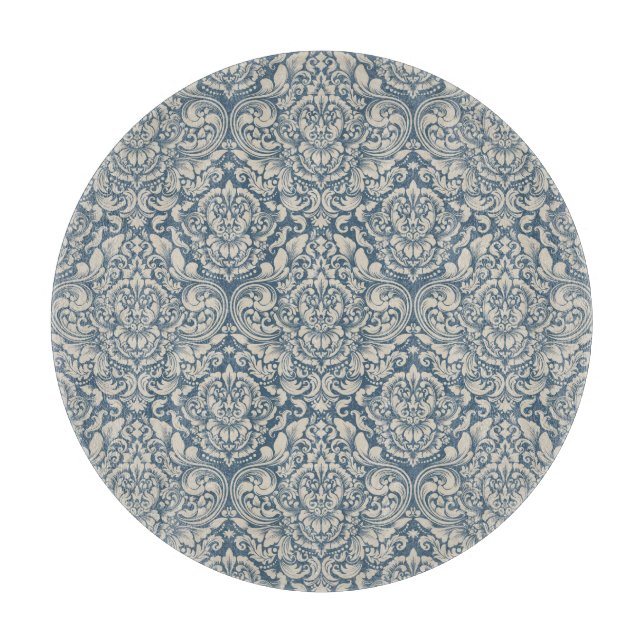 Elegant Baroque Blue Damask Brocade on White Glass Cutting Board (Front)
