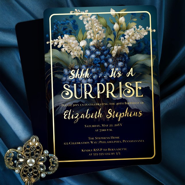 Elegant Baroque Blue Floral Surprise 40th Birthday (Elegant Baroque Style Dark Moody Blue | White Floral "SURPRISE" 40th Birthday Party Gold Foil Invite)