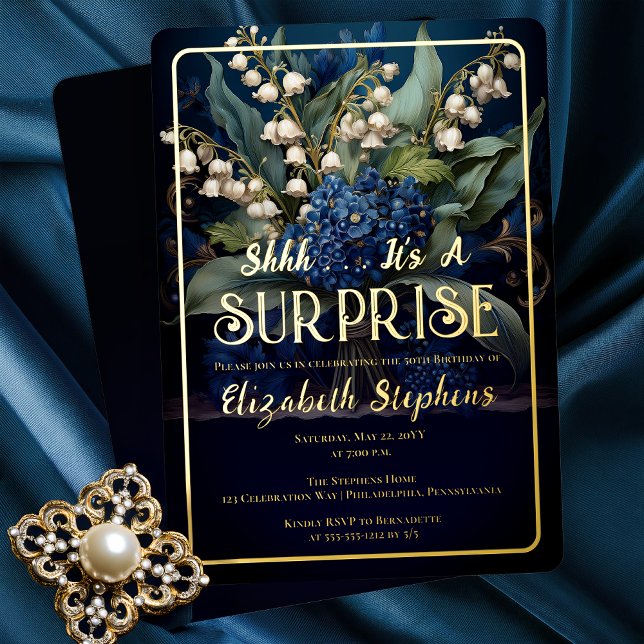 Elegant Baroque Blue Floral Surprise 50th Birthday (Elegant Baroque Style Dark Moody Blue | White Floral "SURPRISE" 50th Birthday Party Gold Foil Invite)