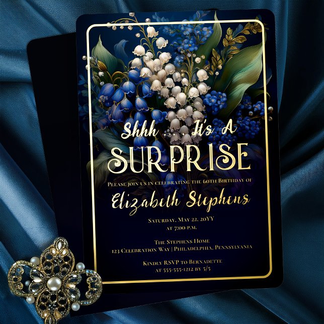 Elegant Baroque Blue Floral Surprise 60th Birthday (Elegant Baroque Style Dark Moody Blue | White Floral "SURPRISE" 60th Birthday Party Gold Foil Invite)