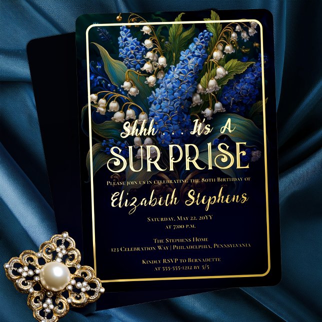 Elegant Baroque Blue Floral Surprise 80th Birthday (Elegant Baroque Style Dark Moody Blue | White Floral "SURPRISE" 80th Birthday Party Gold Foil Invite)