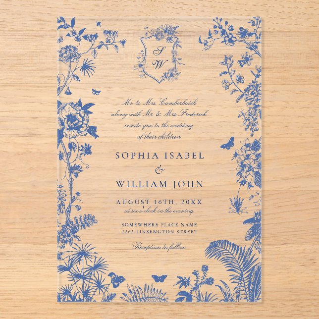 Elegant Baroque Blue French Garden Floral Wedding Acrylic Invitations (Front)