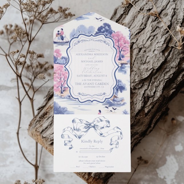 Elegant Baroque Blue French Garden Floral Wedding All In One Invitation (Creator Uploaded)