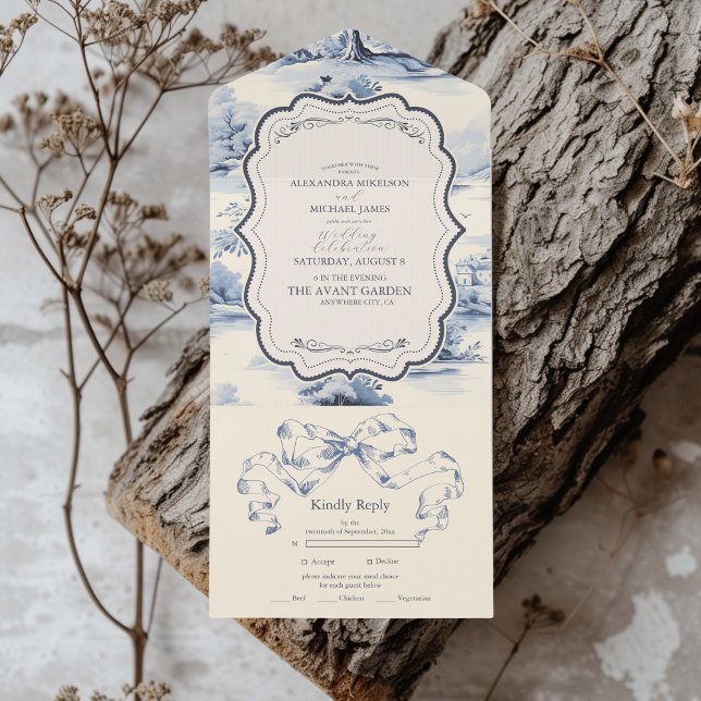 Elegant Baroque Blue French Garden Floral Wedding All In One Invitation (Creator Uploaded)