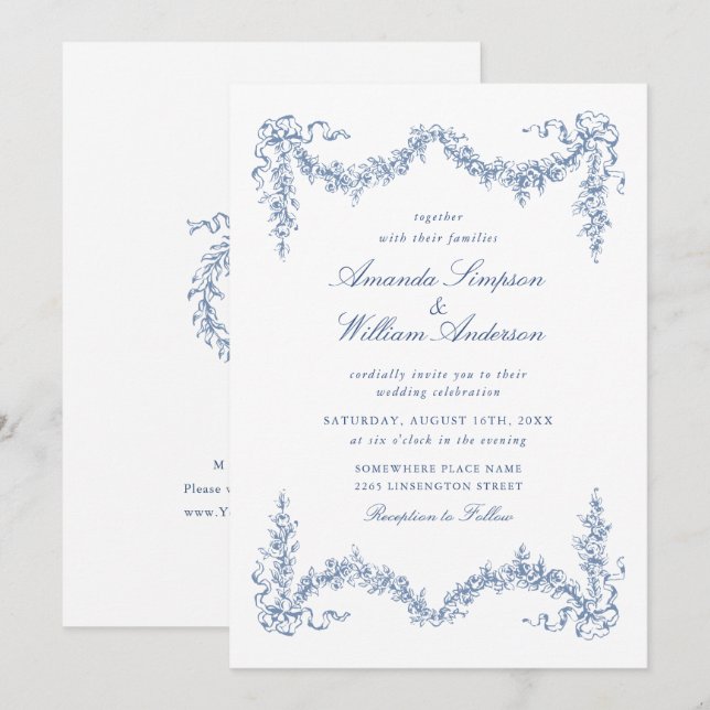 Elegant Baroque Blue French Garden Floral Wedding Invitation (Front/Back)