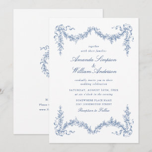 Elegant Baroque Blue French Garden Floral Wedding Invitation