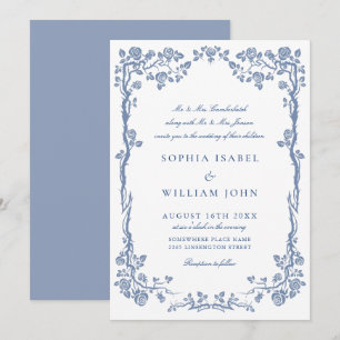 Elegant Baroque Blue French Garden Floral Wedding Invitation