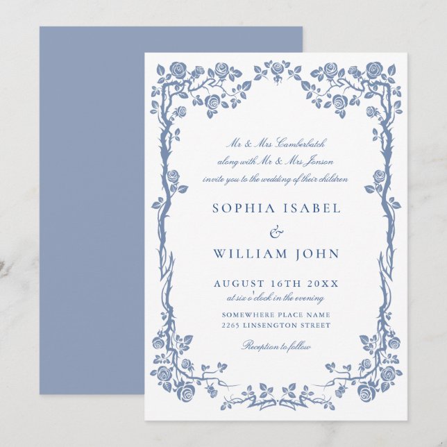 Elegant Baroque Blue French Garden Floral Wedding Invitation (Front/Back)