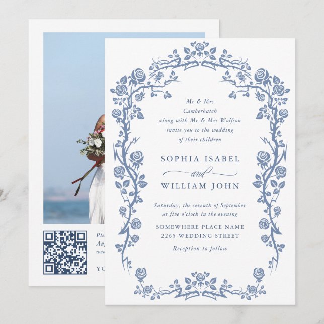 Elegant Baroque Blue French Garden Floral Wedding Invitation (Front/Back)