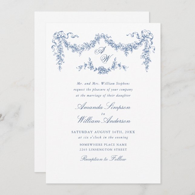 Elegant Baroque Blue French Garden Floral Wedding Invitation (Front/Back)