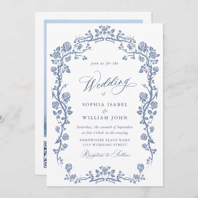 Elegant Baroque Blue French Garden Floral Wedding Invitation (Front/Back)