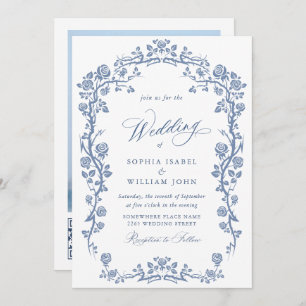 Elegant Baroque Blue French Garden Floral Wedding Invitation