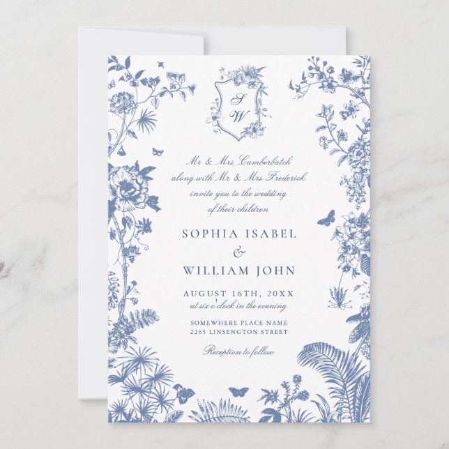 Elegant Baroque Blue French Garden Floral Wedding Invitation (Front)