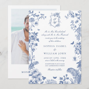 Elegant Baroque Blue French Garden Floral Wedding Invitation