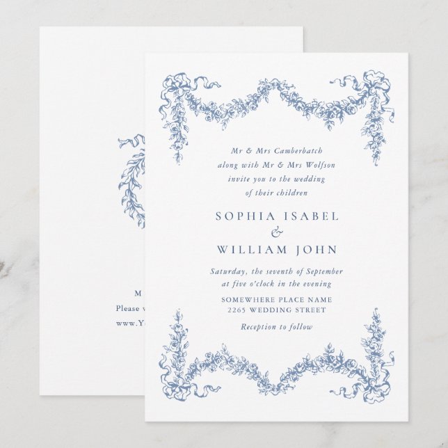 Elegant Baroque Blue French Garden Floral Wedding Invitation (Front/Back)