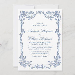 Elegant Baroque Blue French Garden Floral Wedding Invitation