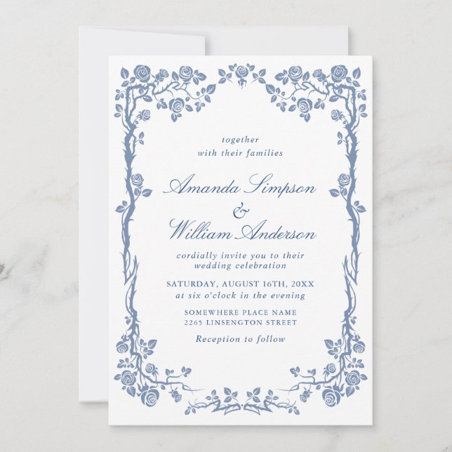 Elegant Baroque Blue French Garden Floral Wedding Invitation (Front)