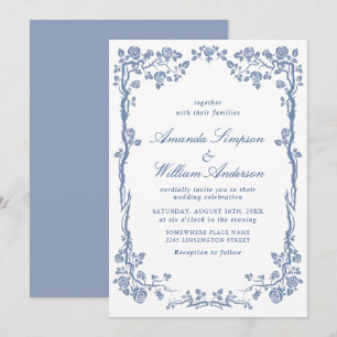 Elegant Baroque Blue French Garden Floral Wedding Invitation